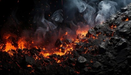 A smoky grunge texture with glowing embers scattered across a rough, dark background.