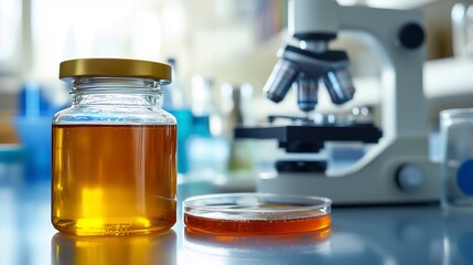 Honey jar placed in a science lab with a microscope and petri dish
