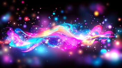 Fototapeta premium Abstract Cosmic Landscape Featuring Distant Galaxies with Swirling Neon Lights and Blurred Bokeh Effect on Dark Background