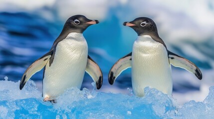 Fototapeta premium A pair of Adlie penguins standing side by side on a blue-tinged glacier, watching the waves crash below