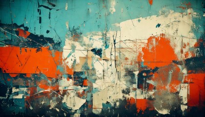 Obraz premium A street-style grunge texture with faded posters, dirt marks, and overlapping graffiti.