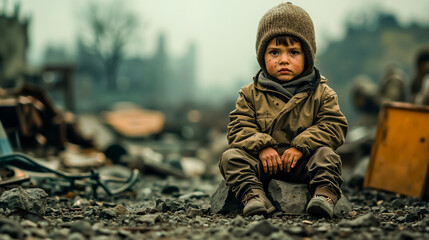 Fototapeta premium A little boy sitting on the ground in front of a burned out building