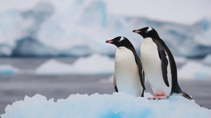 Fototapeta premium A pair of Adlie penguins standing side by side on a blue-tinged glacier, watching the waves crash below