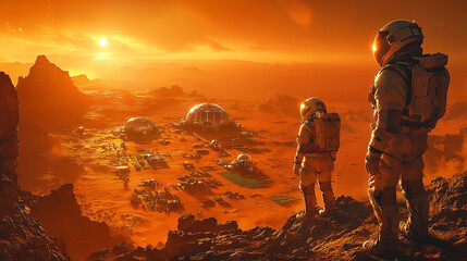 Fototapeta premium A New Horizon: Two astronauts stand silhouetted against the fiery orange sky of a Martian sunset, gazing upon a burgeoning Martian colony, a testament to humanity's reach for the stars.