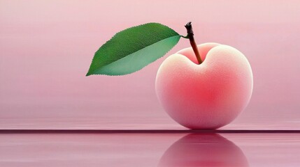 A beautifully rendered pink fruit with leaf on a smooth surface against a soft pink background
