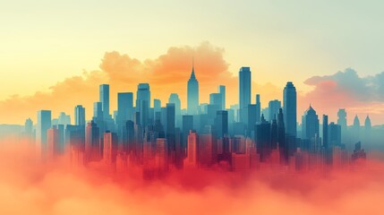 Fototapeta premium Cityscape Emerging from a Dreamlike Sunset Haze