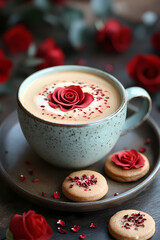 Lattle Art coffee, An elegant minimalist table setting featuring a cup of coffee with rose latte art and cookies with red roses