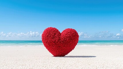 Fototapeta premium Red textured heart stands on a white sandy beach under a clear blue sky during a sunny day, symbolizing love and tropical vacation.
