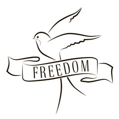 Vector outline of swallow with lettering. Swallow style tattoo with banner. Sailor sticker. Freedom tattoo. Traditional vector tattoo