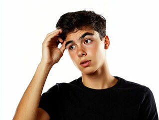 Young doubtful man thinking scratching head and trying to find solution isolated on white background