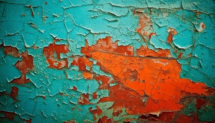 Obraz premium A textured wall featuring red and orange rust patterns bleeding through layers of peeling background
