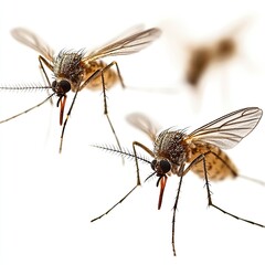 Mosquitoes isolated on white background. Mosquitoes are flying. Mosquito spray, mosquito net. Malaria mosquito. Dangerous insect mosquito.