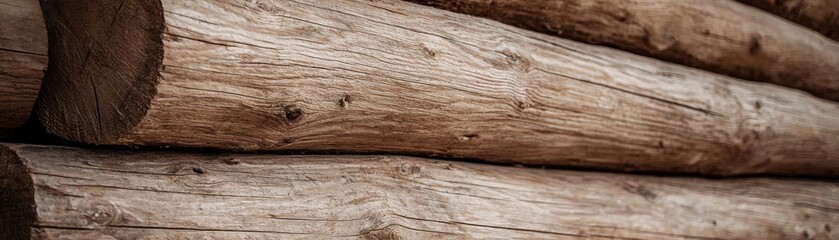 Close-Up View of Rustic Wooden Logs Stacked Neatly with Natural Textures and Earthy Tones