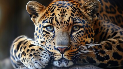 Obraz premium A detailed close-up of a leopard’s fur reveals its intricate pattern of bold black rosettes against a golden background, showcasing nature’s artistry.