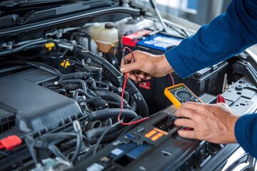 Professional Auto Mechanic Testing Car Engine System Diagnostics Repair Service Maintenance Vehicle Inspection Close Up Detailed View Modern Equipment Accurate Measurement Electrical System Check Care