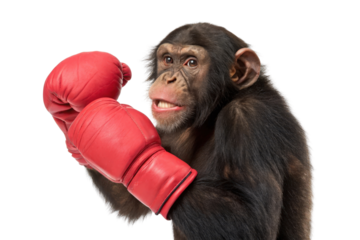 Playful chimpanzee wearing red boxing gloves ready for a fun and energetic match