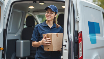 Professional Delivery Worker in Uniform Holding Package by Van