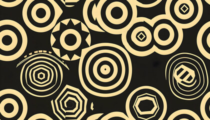 Abstract design featuring various concentric circles and geometric shapes.