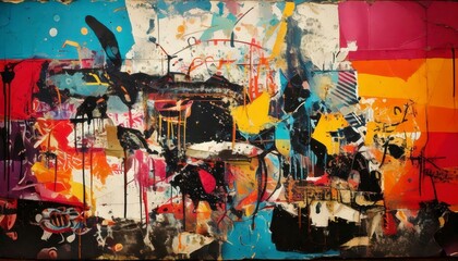 Fototapeta premium A vibrant graffiti collage poster with layers of ink splashes, bold textures, and urban background