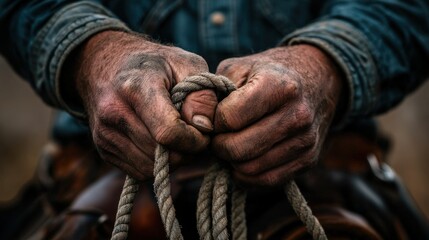A close-up of a cowboy's weathered hands tying a rope onto a saddle, the leather reins and rugged texture of the saddle showing years of hard work and dedication