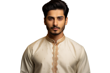 Handsome Indian Muslim Man Wearing Beige Kurta a Traditional Attire for Ramadan Mubarak Photo on Png Background.Fictional Character Created By Generative AI