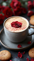 Lattle Art coffee, An elegant minimalist table setting featuring a cup of coffee with rose latte art and cookies with red roses
