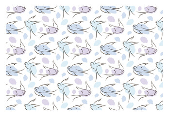 Pattern with swallows in flight and bright spots. Swallow flying in doodle style.