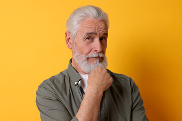 Portrait of senior man with gray beard on orange background