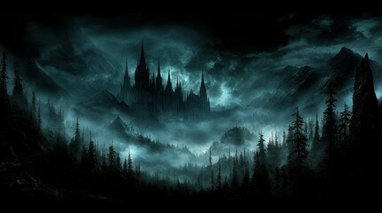 Dark castle in misty mountains, fantasy landscape background