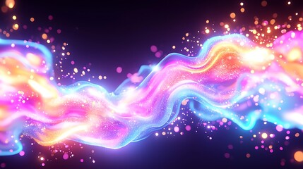 Abstract Digital Calligraphy Design with Glowing Waves and Sparkles in Pink Blue and Orange Tones on a Dark Background for Modern Art