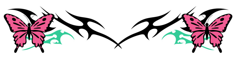 butterfly with Neo tribal y2k gothic style tattoo Cyber sigilism spikes and sparks for streetwear print designs, spiky y2k aesthetic vector set