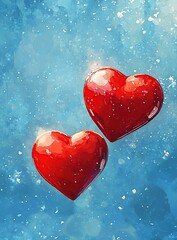 Obraz premium Two Shiny Red Hearts Float Gently on a Blue Sky, Symbolizing Love and Affection, a Watercolor Painting.