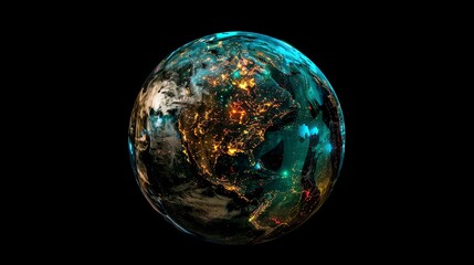 Naklejka premium A digital rendering of the Earth with city lights at night.