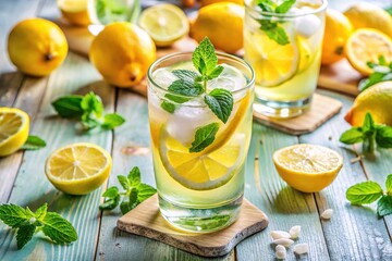 Fototapeta premium Refreshing Summer Drink with Ice, Lemon, and Mint