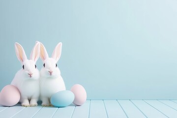 Obraz premium Two white rabbits with pastel Easter eggs on a light blue background. A perfect festive composition for Easter-themed visuals and greeting cards.