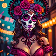 Glamorous Catrina woman with floral headdress at night / Mujer Catrina glamurosa con tocado floral en la noche