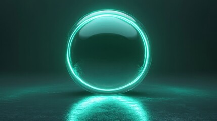 A luminous turquoise orb rests upon a reflective surface