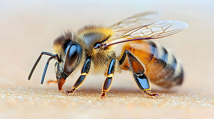 Naklejka premium Honeybee foraging on pollen, close-up, blurred background, nature stock photo