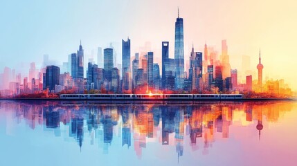 Fototapeta premium Urban Sunrise: A City's Reflection in Golden Hues