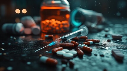 A close-up of a syringe and drugs on a table, symbolizing addiction, ultra-realistic,