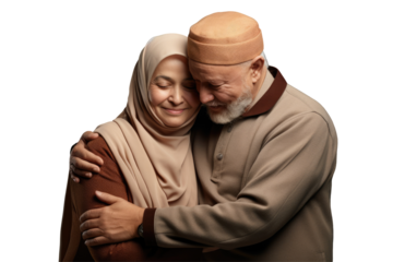 Old Love Muslim Couple Embracing Each Other for Valentine's Day Photo on Png Background.Fictional Character Created By Generative AI