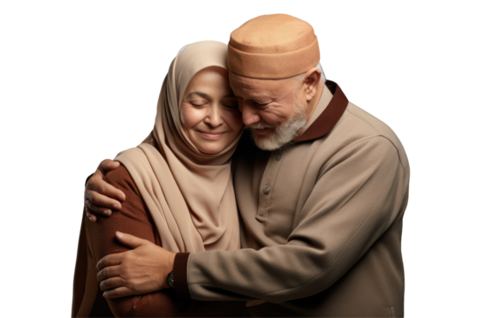 Old Love Muslim Couple Embracing Each Other for Valentine's Day Photo on Png Background.Fictional Character Created By Generative AI