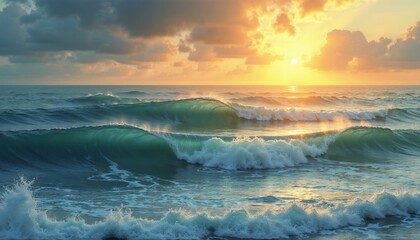 Obraz premium Beautiful coastal wave at sunset, serene mood, capturing ocean beauty, tranquil water background 