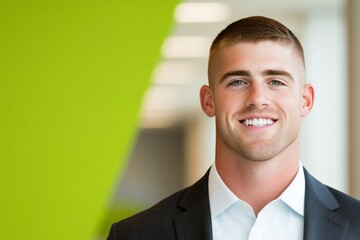 Fototapeta premium Smiling young businessman in professional attire against modern green office backdrop symbolizing confidence career success and positive corporate identity