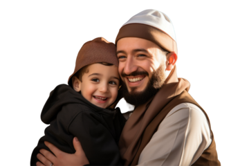 Young Muslim Father and Child Son Sharing a Smile on Occasion of Ramadan Mubarak Photo on Png Background.Fictional Character Created By Generative AI