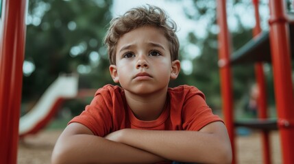 This image shows a thoughtful boy at a playground, reflecting deeply on life's challenges, encapsulating the genuine emotional experiences of childhood.