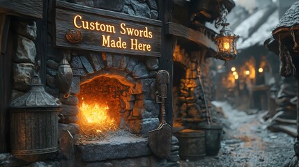 Custom Swordsmith Workshop with Glowing Forge Fire, Medieval Blacksmith Shop Interior with Stone Walls and Torch Illumination