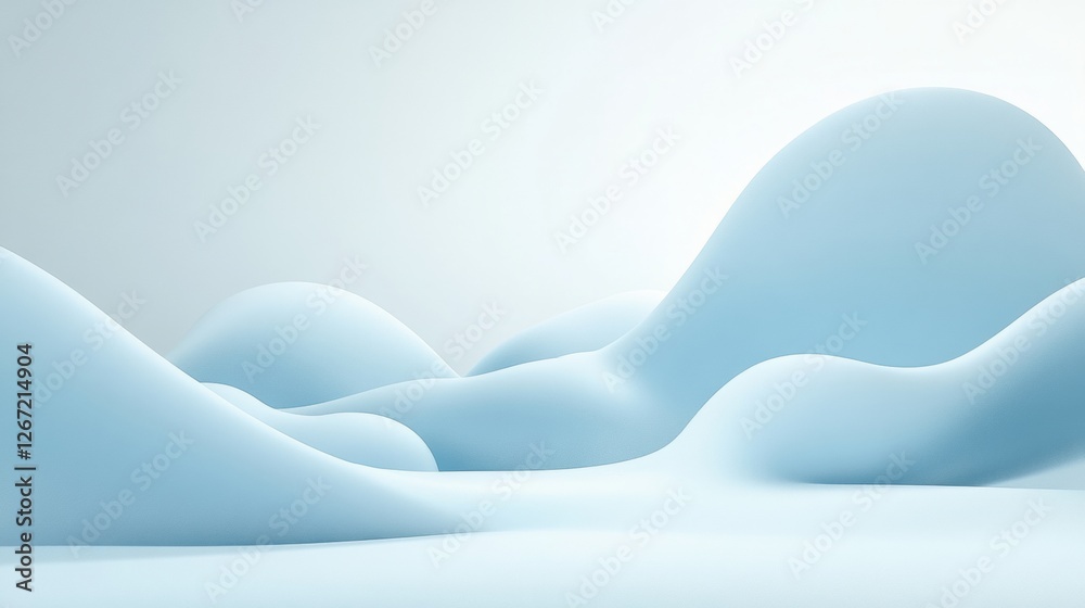 Poster Soft blue undulating forms create a serene and tranquil atmosphere in an abstract landscape. Generative AI