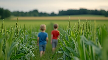Two young children walking through a green cornfield under soft daylight symbolizing childhood exploration rural life and natural wonder in heartwarming lifestyle and nature photography