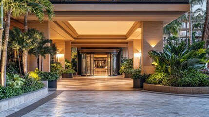 Fototapeta premium A hotel entrance with a covered driveway, a luxurious revolving door, and potted plants.